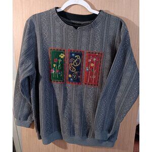Jenny Buchanan PM Gray Pullover Sweater Embroidered Floral Patchwork Long Sleeve